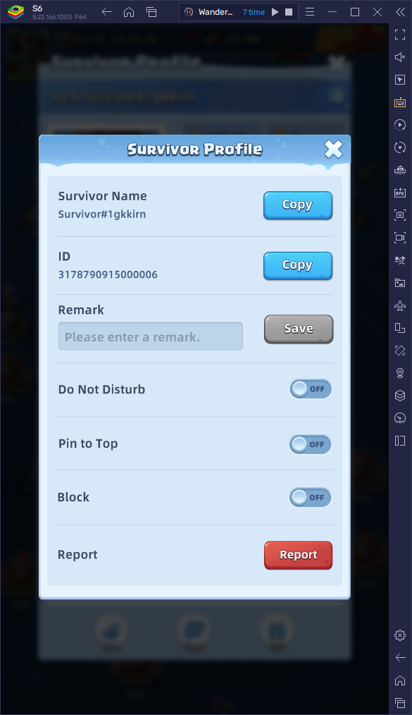 Survivor Profile detail view with ID and Copy button highlighted